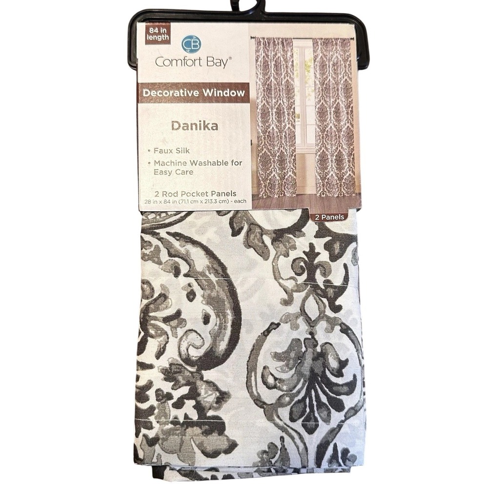 Comfort Bay Curtain Panels 28x84 Grey White‎ Faux Silk Damask Rod Pocket